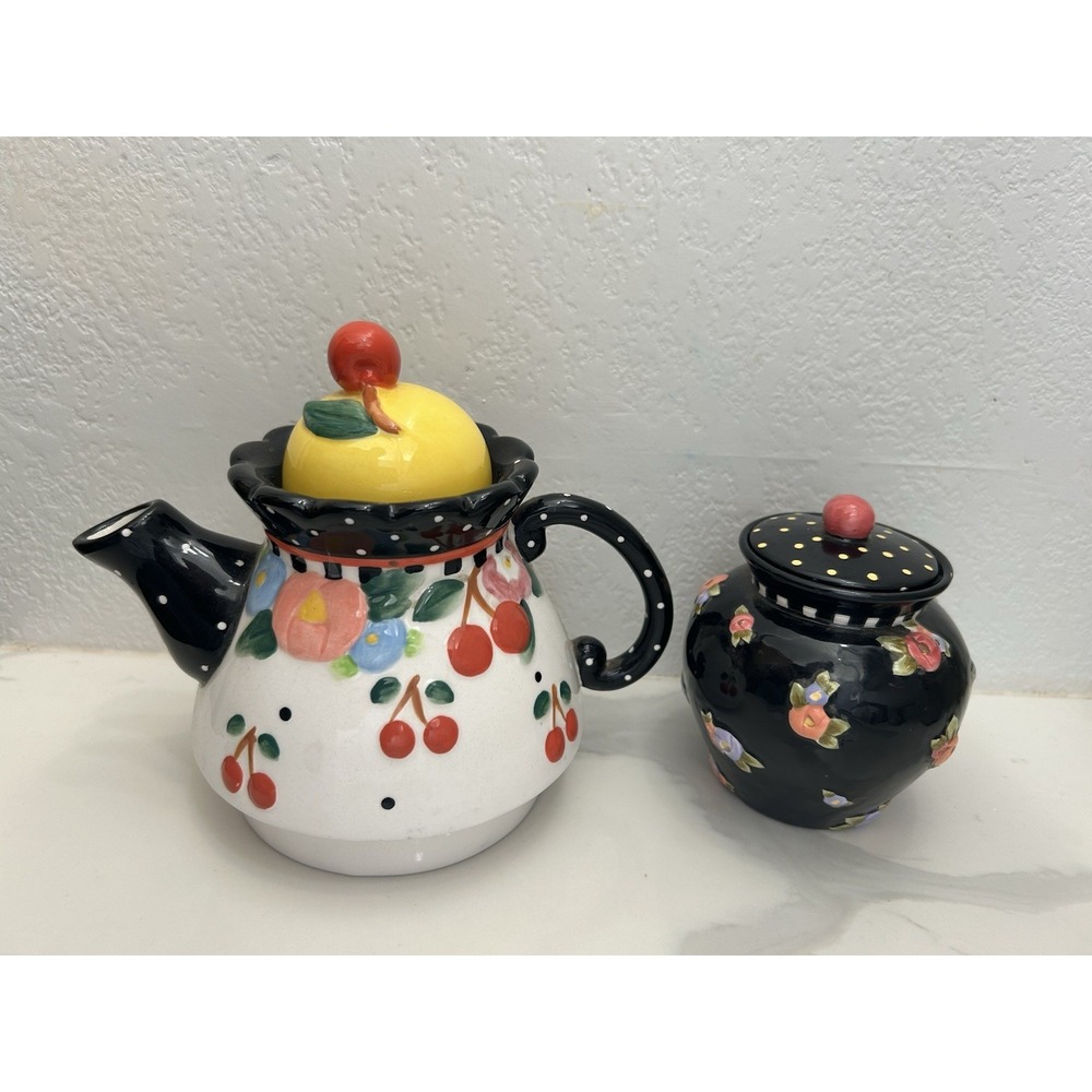 Vintage MARY ENGELBREIT Ceramic Teapot CHERRIES Cottage Sugar Jar Whimsical